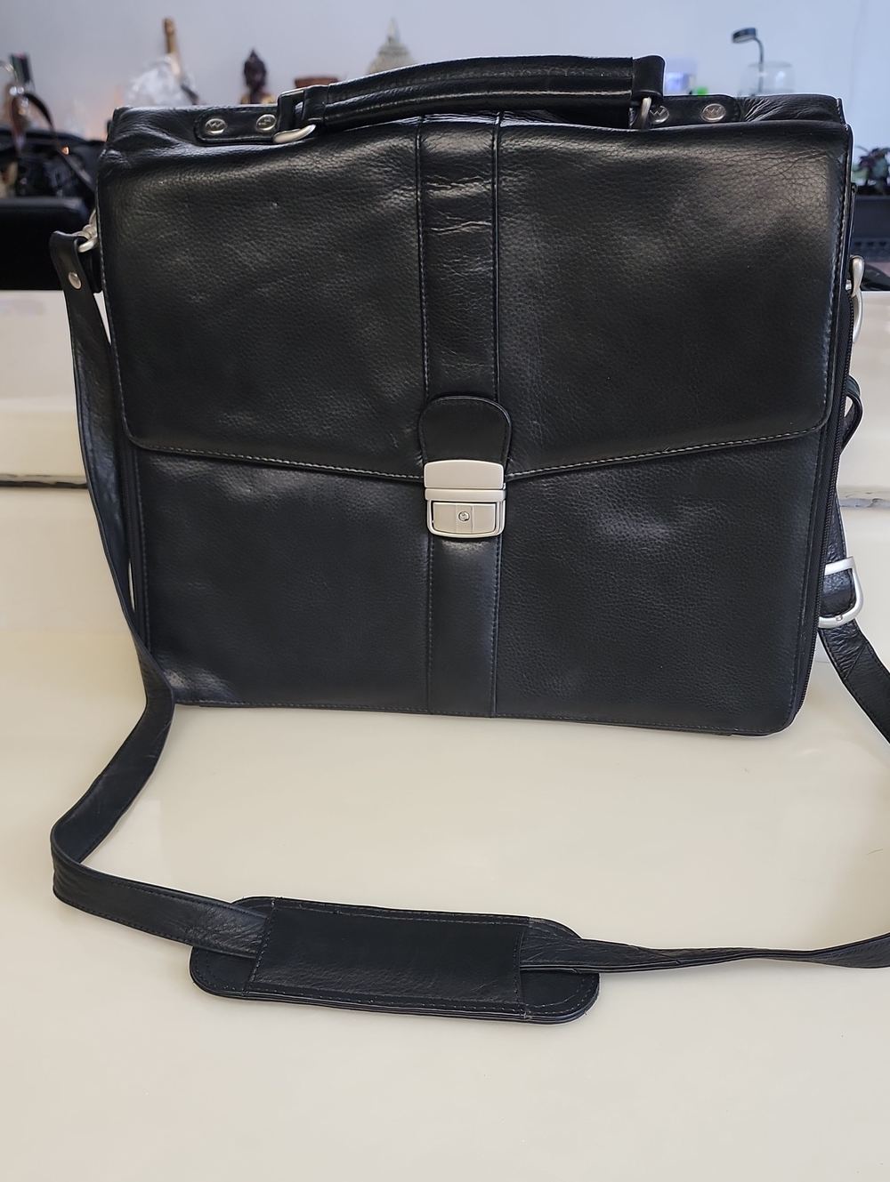 Pelle Studio Black Leather Briefcase with Silver Lock